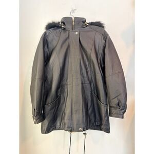 Vintage 80 Comint Black Leather Bomber Jacket Removable Fur Lined Hood‎ Mens Med